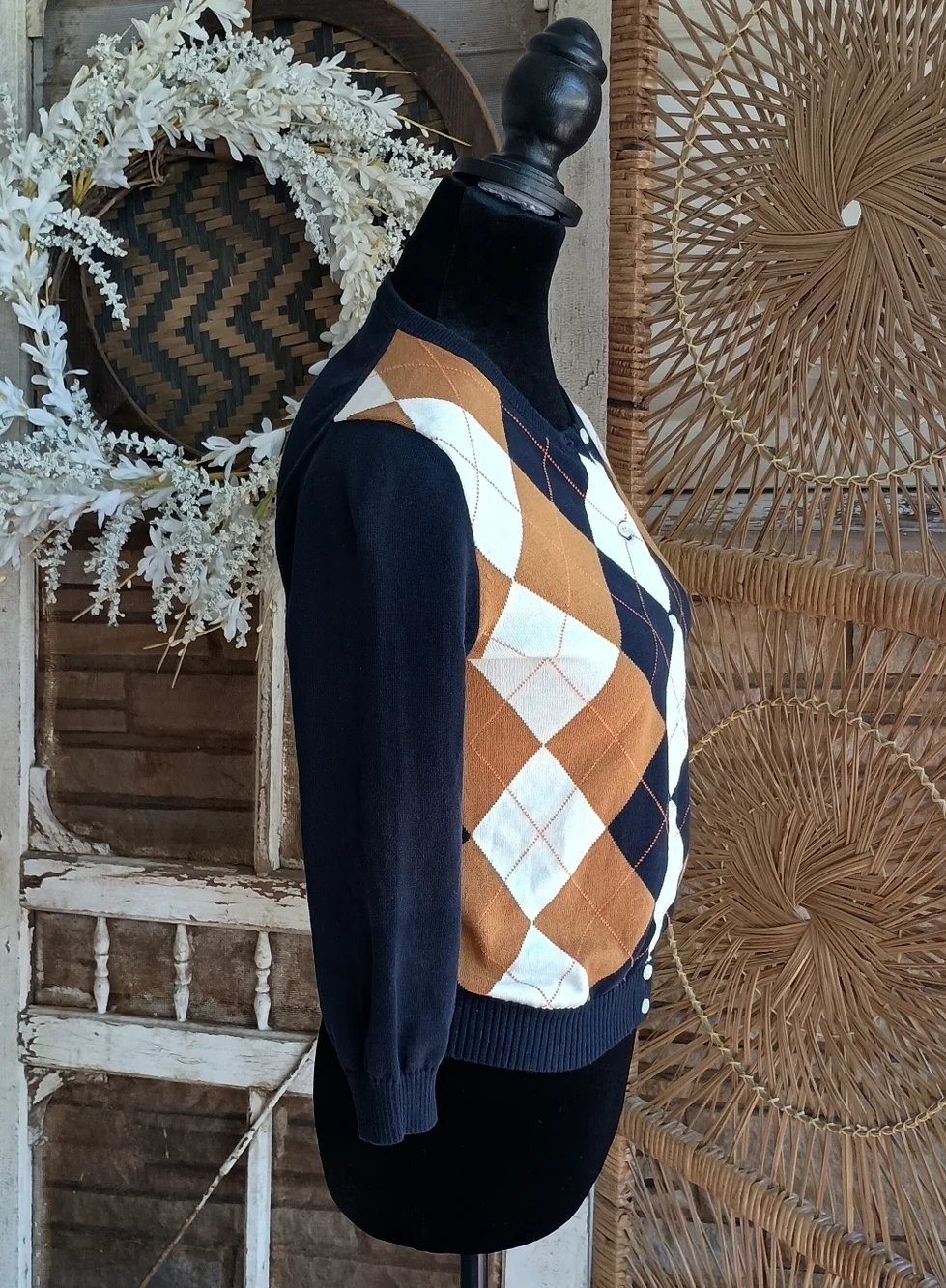 Vintage J. Crew 100% Cotton Navy, Camel and White Argyle Cardigan Sweater_XS